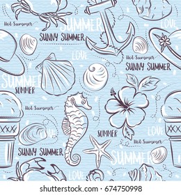 Seamless Patterns with  summer symbols,shells, crab, hat, anchor,  sea horse, ice cream,  flower on a blue  grunge background, vector illustration.