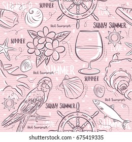 Seamless Patterns with  summer symbols,ship rudder,  parrot, cocktail, fish on a pink  background, vector illustration.