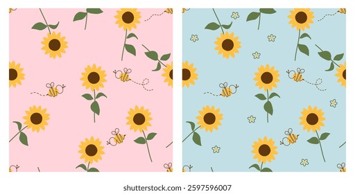 Seamless patterns with sunflower and bee cartoons on pink and green backgrounds vector. 