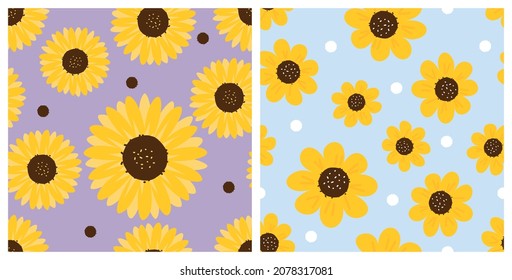 Seamless patterns with sunflowers dots on purple and blue backgrounds vector illustration. Modern floral art collection.