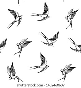 Seamless patterns with swallows. Vector outline