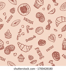 Seamless patterns. Sweets, pastries, cakes, cheesecakes, donuts, eclair, cupcakes, arranged in random order. Design for packaging. Line art in freehand drawing style. Doodle illustration. Vector.