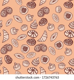 Seamless patterns. Sweets, pastries, cakes, cheesecakes, donuts, eclair, cupcakes, arranged in random order. Design for packaging. Line art in freehand drawing style. Doodle illustration. Vector.