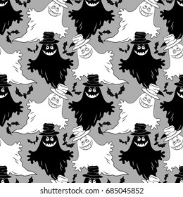 Seamless Patterns, Symbols Halloween Holiday, Ghosts and Bat, Black and White Silhouettes on Tile Grey Background. Vector