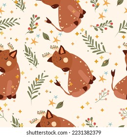 Seamless patterns with Taurus, colorful flowers, leaves and stars. Astrological Taurus zodiac. Bright astrological pattern can be used as textile, fabric, wallpaper, banner and other. Vector