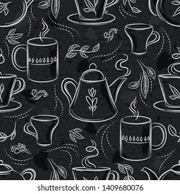 Seamless patterns with tea set, cup, teapot, leafs, flower and text on chalkboard. Background with coffee set. Ideal for printing onto fabric and paper or scrap booking.