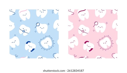 Seamless patterns with teeth for children's dentistry. Funny characters of teeth on pink and blue backgrounds. Different emotions. Sick tooth, healthy, clean, tooth with braces. Concept care teeth