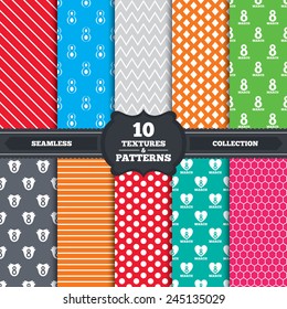 Seamless patterns and textures. 8 March Women's Day icons. Tulip or rose flower and heart sign symbols. Endless backgrounds with circles, lines and geometric elements. Vector
