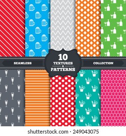 Seamless patterns and textures. Alcoholic drinks icons. Champagne sparkling wine and beer symbols. Wine glass and cocktail signs. Endless backgrounds with circles, lines and geometric elements. Vector