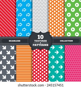 Seamless patterns and textures. Arrow icons. Next navigation arrowhead signs. Direction symbols. Endless backgrounds with circles, lines and geometric elements. Vector
