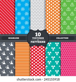 Seamless patterns and textures. Attention and radiation icons. Chemistry flask sign. Atom symbol. Endless backgrounds with circles, lines and geometric elements. Vector