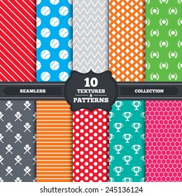 Seamless patterns and textures. Baseball sport icons. Ball with glove and two crosswise bats signs. Winner award cup symbol. Endless backgrounds with circles, lines and geometric elements. Vector