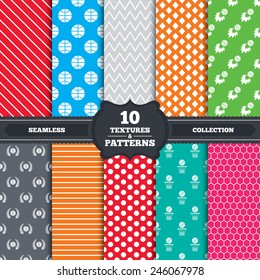 Seamless patterns and textures. Basketball sport icons. Ball with basket and fireball signs. Laurel wreath symbol. Endless backgrounds with circles, lines and geometric elements. Vector