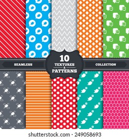 Seamless patterns and textures. Birds icons. Social media speech bubble. Chat bubble with three dots symbol. Endless backgrounds with circles, lines and geometric elements. Vector