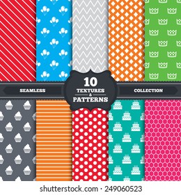 Seamless patterns and textures. Birthday crown party icons. Cake and cupcake signs. Air balloons with rope symbol. Endless backgrounds with circles, lines and geometric elements. Vector