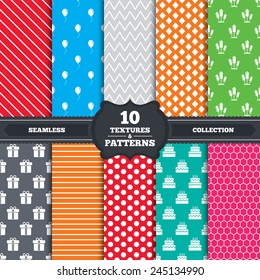 Seamless patterns and textures. Birthday party icons. Cake and gift box signs. Air balloons and fireworks rockets symbol. Endless backgrounds with circles, lines and geometric elements. Vector