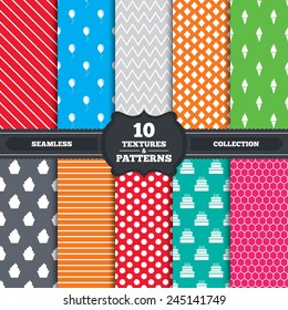 Seamless patterns and textures. Birthday party icons. Cake with ice cream signs. Air balloon with rope symbol. Endless backgrounds with circles, lines and geometric elements. Vector