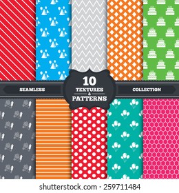 Seamless patterns and textures. Birthday party icons. Cake, balloon, hat and muffin signs. Fireworks with rocket symbol. Double decker with candle. Endless backgrounds with circles, lines. Vector