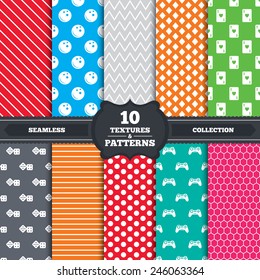 Seamless patterns and textures. Bowling and Casino icons. Video game joystick and playing card with dice symbols. Entertainment signs. Endless backgrounds with circles, lines. Vector