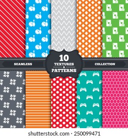 Seamless patterns and textures. Bowling and Casino icons. Video game joystick and playing card with puzzles pieces symbols. Entertainment signs. Endless backgrounds with circles, lines. Vector