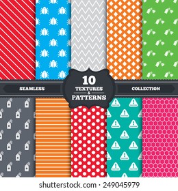 Seamless patterns and textures. Bug disinfection icons. Caution attention symbol. Insect fumigation spray sign. Endless backgrounds with circles, lines and geometric elements. Vector
