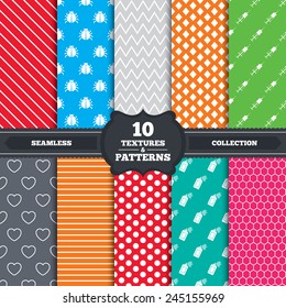 Seamless patterns and textures. Bug and vaccine syringe injection icons. Heart and spray can sign symbols. Endless backgrounds with circles, lines and geometric elements. Vector
