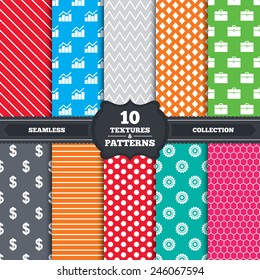 Seamless patterns and textures. Business icons. Graph chart and case signs. Dollar currency and gear cogwheel symbols. Endless backgrounds with circles, lines and geometric elements. Vector