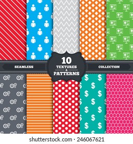 Seamless patterns and textures. Business icons. Human silhouette and presentation board with charts signs. Dollar currency and gear symbols. Endless backgrounds with circles, lines elements. Vector