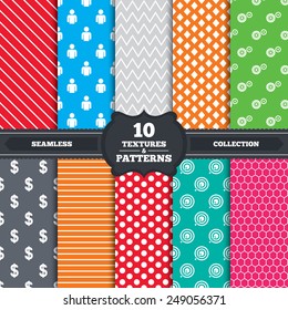 Seamless patterns and textures. Business icons. Human silhouette and aim targer with arrow signs. Dollar currency and gear symbols. Endless backgrounds with circles, lines and geometric elements.