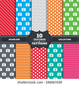 Seamless patterns and textures. Businessman case icons. Cash money diplomat signs. Dollar, euro and pound symbols. Endless backgrounds with circles, lines and geometric elements. Vector