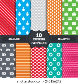 Seamless patterns and textures. Businessman icons. Human silhouette and cash money signs. Case and gear symbols. Endless backgrounds with circles, lines and geometric elements. Vector