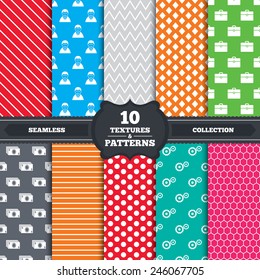 Seamless patterns and textures. Businessman icons. Human silhouette and cash money signs. Case and gear symbols. Endless backgrounds with circles, lines and geometric elements. Vector