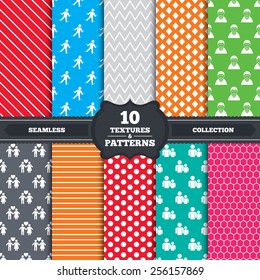 Seamless patterns and textures. Businessman person icon. Group of people symbol. Man love Woman or Lovers sign. Caution slippery. Endless backgrounds with circles, lines and geometric elements. Vector