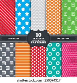 Seamless patterns and textures. Calendar and Star favorite icons. Checklist and cogwheel gear sign symbols. Endless backgrounds with circles, lines and geometric elements. Vector