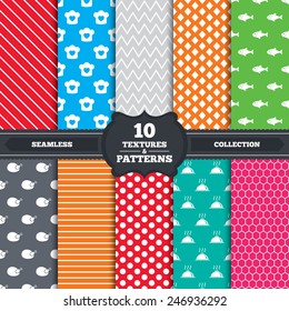 Seamless patterns and textures. Chief hat with heart and cooking pan icons. Fish and chicken signs. Hot food platter serving symbol. Endless backgrounds with circles, lines and geometric elements.