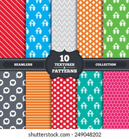 Seamless patterns and textures. Couple love icon. Lesbian and Gay lovers signs. Romantic homosexual relationships. Speech bubble with heart symbol. Endless backgrounds with circles, lines. Vector