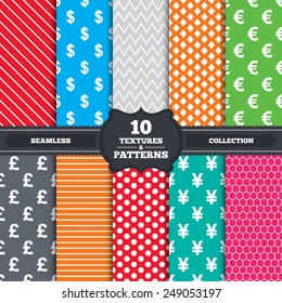 Seamless patterns and textures. Dollar, Euro, Pound and Yen currency icons. USD, EUR, GBP and JPY money sign symbols. Endless backgrounds with circles, lines and geometric elements. Vector