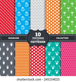 Seamless patterns and textures. Drinks icons. Take away coffee cup and glass of beer symbols. Wine glass and cocktail signs. Endless backgrounds with circles, lines and geometric elements. Vector