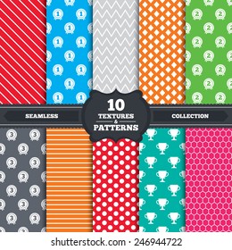Seamless patterns and textures. First, second and third place icons. Award medals sign symbols. Prize cup for winner. Endless backgrounds with circles, lines and geometric elements. Vector