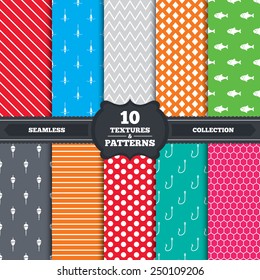 Seamless patterns and textures. Fishing icons. Fish with fishermen hook sign. Float bobber symbol. Endless backgrounds with circles, lines and geometric elements. Vector