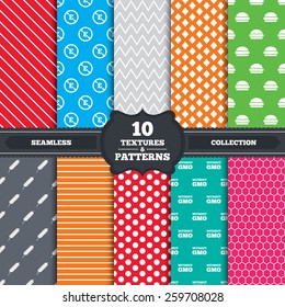 Seamless patterns and textures. Food additive icon. Hamburger fast food sign. Gluten free and No GMO symbols. Without E acid stabilizers. Endless backgrounds with circles, lines and geometric elements