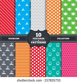 Seamless patterns and textures. Food, sleep, camping tent and fire icons. Knife, fork and dish. Hotel or bed and breakfast. Road signs. Endless backgrounds with circles, lines and geometric elements.