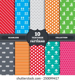 Seamless patterns and textures. Fragile icons. Delicate package delivery signs. This side up arrows symbol. Endless backgrounds with circles, lines and geometric elements. Vector