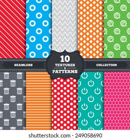 Seamless patterns and textures. Globe magnifier glass and cogwheel gear icons. Recycle bin delete and power sign symbols. Endless backgrounds with circles, lines and geometric elements. Vector