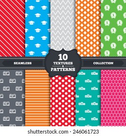 Seamless patterns and textures. Graduation icons. Graduation student cap sign. Education book symbol. First place award. Winners podium. Endless backgrounds with circles, lines. Vector