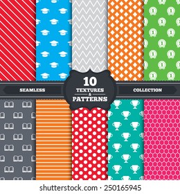 Seamless patterns and textures. Graduation icons. Graduation student cap sign. Education book symbol. First place award. Winners cup. Endless backgrounds with circles, lines and geometric elements.
