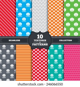 Seamless patterns and textures. Halloween pumpkin icons. Halloween party sign symbol. All Hallows Day celebration. Endless backgrounds with circles, lines and geometric elements. Vector