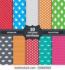 Seamless patterns and textures. Hand icons. Handshake successful business symbol. Click here press sign. Human helping donation hand. Endless backgrounds with circles, lines and geometric elements.