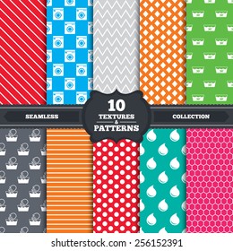 Seamless patterns and textures. Hand wash icon. Machine washable at 30 degrees symbols. Laundry washhouse and water drop signs. Endless backgrounds with circles, lines and geometric elements. Vector