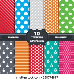 Seamless patterns and textures. Happy Mothers's Day icons. Wallet with cash coin and piggy bank moneybox symbols. Dollar USD currency sign. Endless backgrounds with circles, lines. Vector